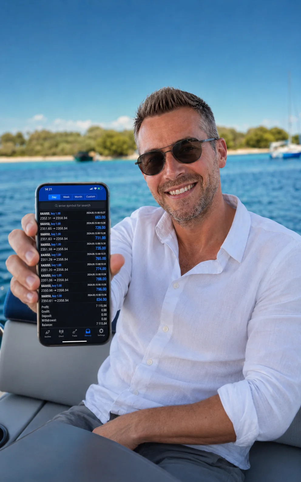 Wim Schrynemakers on a boat, holding up a phone with his MetaTrader terminal open